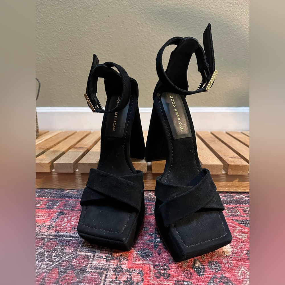 GOOD AMERICAN BLACK SUEDE STRAPPY HEELED PLATFORM SANDAL SIZE 8 - Picture 2 of 6